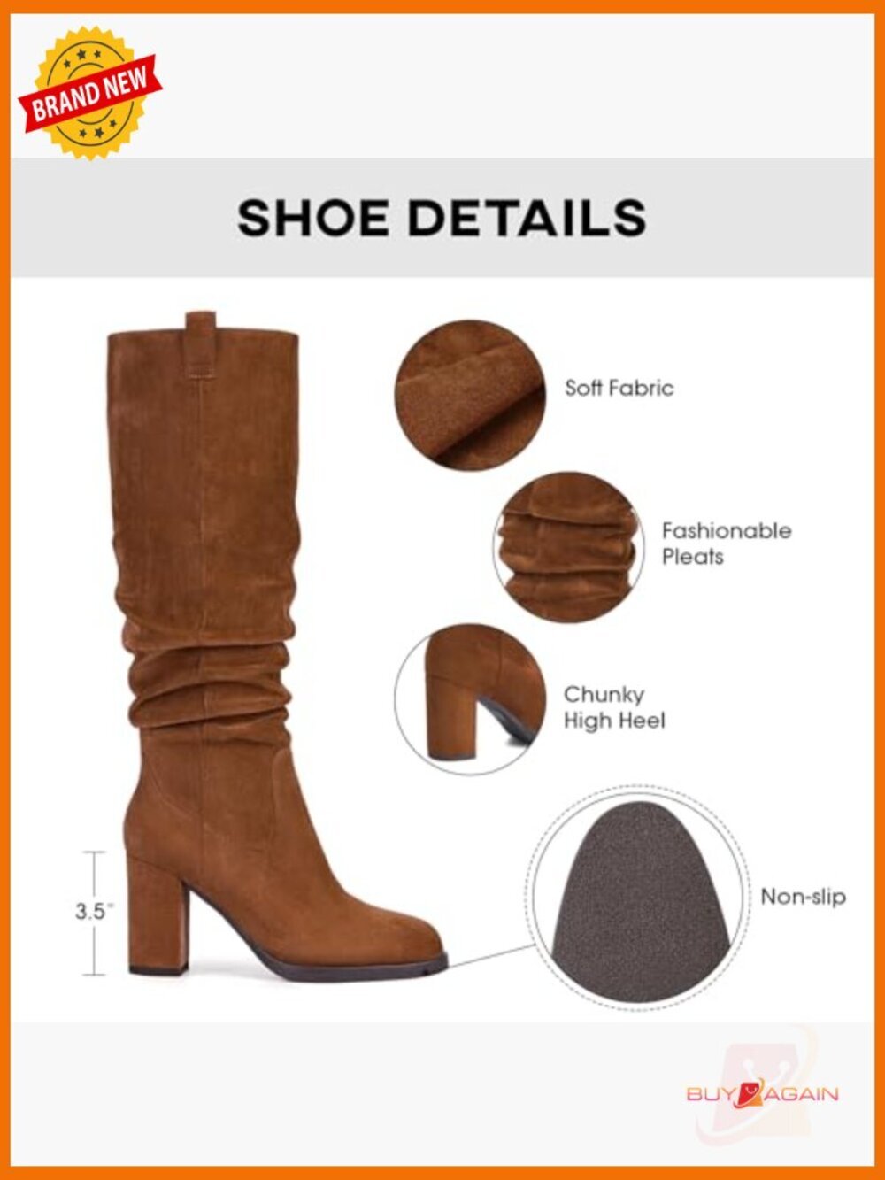 Knee High Boots with Chunky Heel, Slouch Style, Side Zipper, Faux Suede - Picture 4 of 7